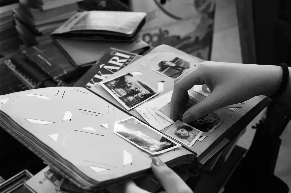 A personalized memory album featuring decorative marble endpapers and thick archival pages