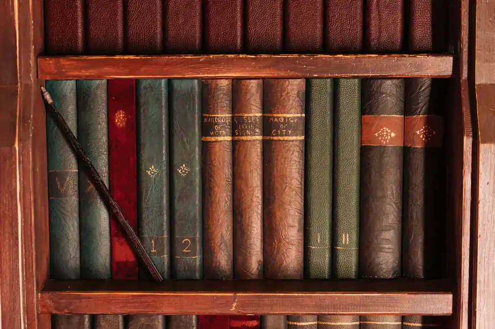 A collection of carefully stored restored books on a wooden shelf